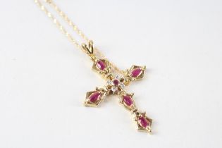 9ct gold ruby & diamond cross pendant & chain (4.6g)