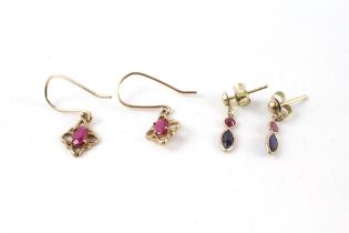 2x 9ct gold ruby & sapphire drop earrings (1.7g)