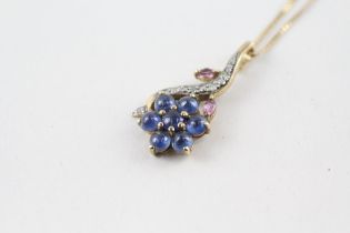 9ct gold sapphire, pink sapphire & diamond floral pendant & chain (3.8g)