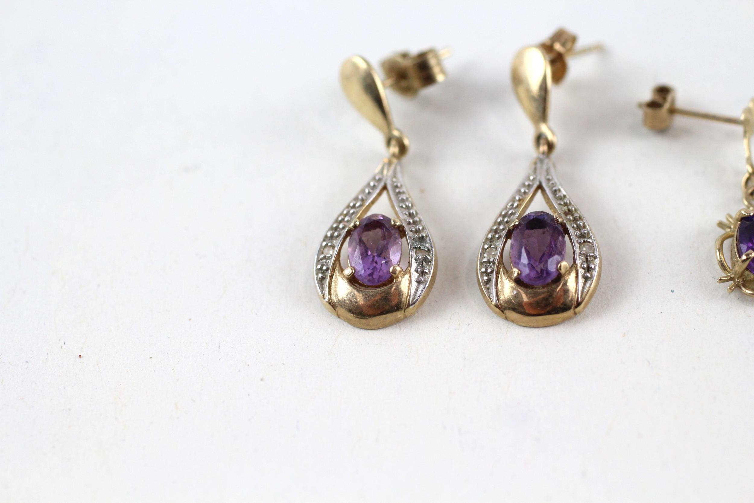 2x 9ct gold amethyst & diamond drop earrings (3g) - Image 2 of 5