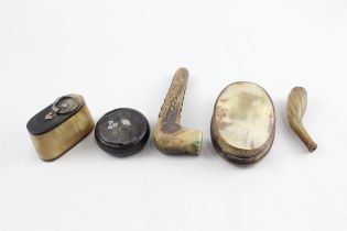 Collection Antique Horn / Antler Items Inc. Snuff Boxes - Pipe & Crop Handle x 5 // Collection