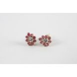 9ct gold pink & blue gemstone cluster earrings (1.4g)