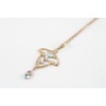 9ct gold blue gemstone & seed pearl pendant & chain (2.8g)