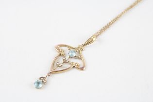 9ct gold blue gemstone & seed pearl pendant & chain (2.8g)