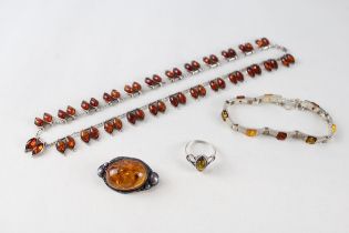 A collection of silver Baltic amber set jewellery pieces (56g)