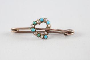 9ct gold turquoise & seed pearl heart brooch (1.5g)