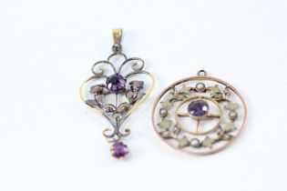 2x 9ct gold amethyst, paste & seed pearl pendants (4g)