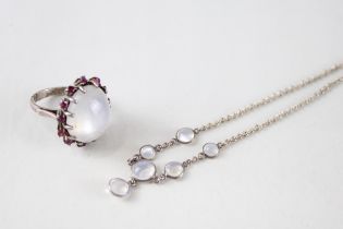 A silver moonstone necklace and a mid century moonstone and ruby cocktail ring (15g)