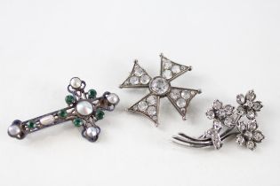 Three silver brooches including a Victorian Maltese cross and an Austro-Hungarian stone set cross (