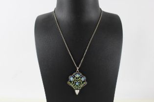 A silver enamel and baroque pearl Arts and Crafts pendant, with chain (12g)