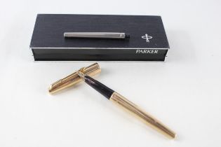 Vintage PARKER 65 Gold Plated Cased FOUNTAIN PEN w/ 14ct Gold Nib WRITING Boxed // Dip Tested &