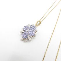 9ct gold diamond & tanzanite cluster pendant necklace (3.5g)