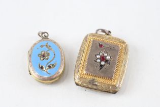 2 x 9ct gold back & front engraved floral locket pendants set with enamel, ruby, paste & seed pearl,