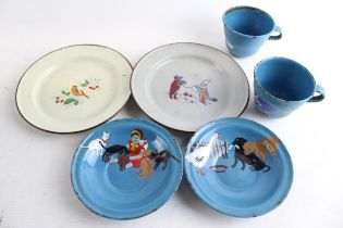 Antique Enamel Enamelware Children's Tin Cups & Plates Inc Geese Cats Dogs Bear // Antique Enamel