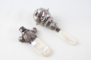 2 x Antique Vintage .925 Sterling Silver Baby Rattles / Whistle MOP Handles 45g // In antique /