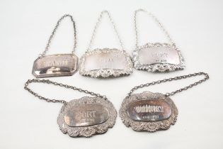 5 x Vintage Hallmarked .925 Sterling Silver Decanter Labels Inc Whisky, Port 61g // Inc Whisky,