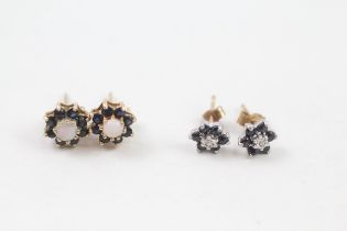 2 x 9ct gold diamond, sapphire & opal cluster stud earrings (2.2g)