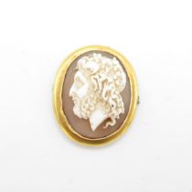 Unhallmarked high carat gold brooch with highly detailed antique cameo. Pin missing. 25mm diameter