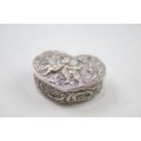 Vintage Stamped .925 Sterling Silver Heart Pill / Trinket Box w/ Cherubs (26g) // Maker -