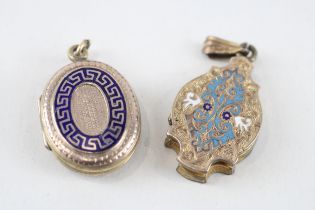 2 x 9ct gold back & front enamel locket pendants (10.1g)