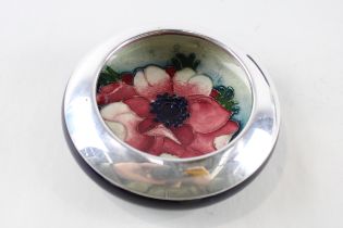 Vintage MOORCROFT Pottery Signed Blue Floral Hibiscus Trinket / Pin Dish // w/ Silver Plate Banding,