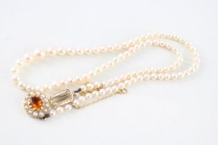 9ct gold citrine & seed pearl clasp cultured pearl single strand necklace (17.1g)