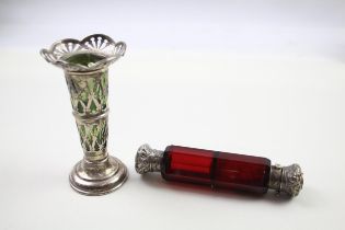 2 x Antique .900 & .925 Sterling Silver & Glass Bud Vase & Scent Bottle (183g) // In antique