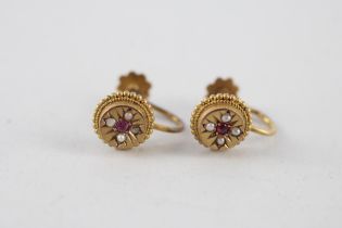 9ct gold antique ruby & seed pearl cluster screw on back earrings (1.6g)
