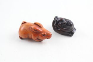 2 x Antique / Vintage Wooden Rabbit & Monkey In Hand Netsukes Carved // Items are in antique /