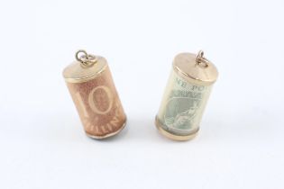 2x 9ct gold vintage bank note in cased charms (5.5g)