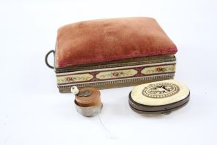 Antique Sewing Box, Treen Tape Measure & Carved Bovine Bone Purse x 3 //Antique Sewing Box, Treen