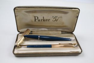 Vintage PARKER 51 Teal Fountain Pen w/ 14ct Gold Nib, Pencil, Gold Plate Cap Etc // w/ 14ct Gold
