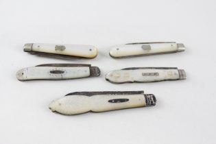 5 x Antique .925 Sterling Silver Fruit Knives w/ MOP Handles Inc Victorian 102g //In antique