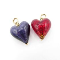 HM 9ct gold pendants/fobs heart shaped one red and one purple (12.4g)