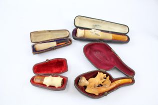 Antique Cased Cheroots & Pipe Inc Meerschaum Dog & Bird w Amber Masonic Etc x 4 //Antique Cased