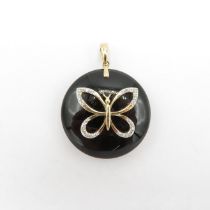 HM 9ct gold pendant on black stone with butterfly decorated with white stones and bail (7.4g)