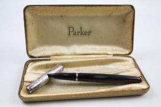 Vintage PARKER 51 Black Fountain Pen w/ 14ct Gold Nib Rolled Silver Cap WRITING //w/ Box Etc Dip