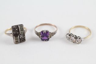 3x 9ct gold &silver amethyst paste, white paste & marokite rings (7.5g) Size R + N + O