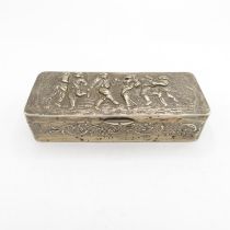 Silver trinket box, hinge working and clasps tightly shut. 9.5cm long x 4cm wide x 2cm high 81g //