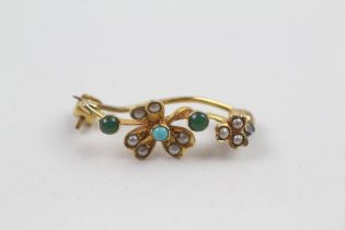 14ct gold turquoise & seed pearl floral brooch (1.8g)