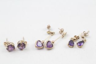 3x 9ct gold amethyst drop earrings (3g)