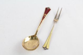 2 x Vintage DAVID ANDERSON .925 Sterling Norway Silver Enamel Spoon & Fork 27g // Length - Fork -