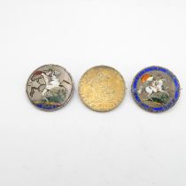 3x pre-1920 silver coins - 2x enamelled - all three turned into badges 83g