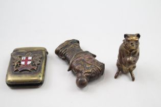 Antique Vesta Cases Inc. Brass Ally Sloper - Sitting Pig & London Crest x 3 // Antique Vesta Cases