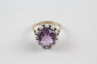 9ct gold amethyst & seed pearl vintage dress ring (4.5g) Size N