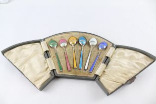 Antique HM 1923 Birmingham STERLING SILVER Guilloche Enamel Spoons (72g) // w/ Fitted Case Maker -