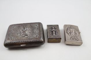 White Metal Cigarette Case - Vesta Case & Lighter Depicting Hindu Deities x 3 // White Metal