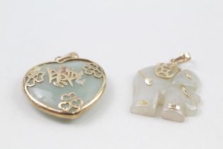 2x 9ct gold jade elephant & heart shaped pendants (11.4g)