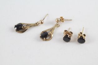 2 x 9ct gold sapphire & white gemstone drop earrings (2.2g)