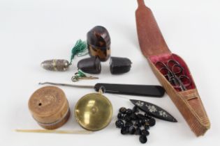 Sewing Haberdashery Items Inc Mother of Pearl, Tortoise Shell Case, String Box // In antique /